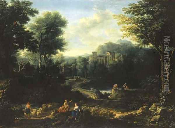 An arcadian landscape with herdsmen on a path and peasants fishing on a pond Oil Painting - Jan Frans Van Bloemen (Orizzonte)