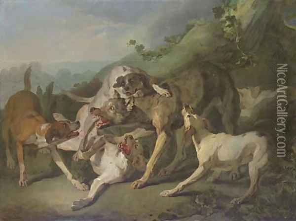 Dogs attacking a wolf in a landscape Oil Painting - Jean-Baptiste Oudry