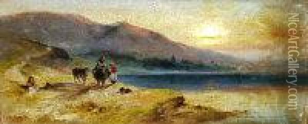 Sunset Coastal Scene With 
Figures And Ponies And The Other Coastal Scene With Fisherman And 
Cottage In Foreground Probably Irish Scenes Signed 12cm X 26cm & 
11cm X 24cm Oil Painting - S.L. Kilpack