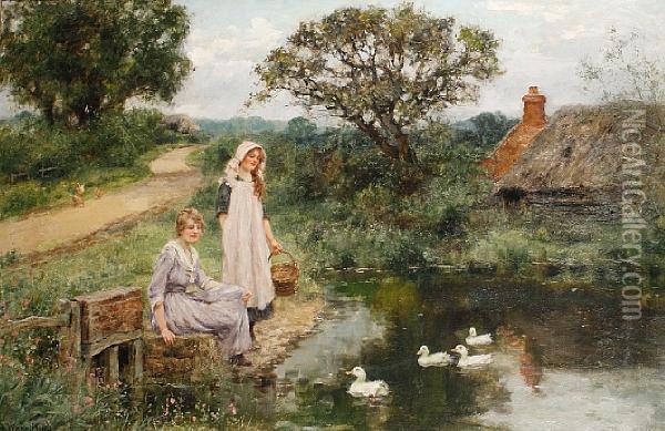 Feeding The Ducks Oil Painting - Henry John Yeend King