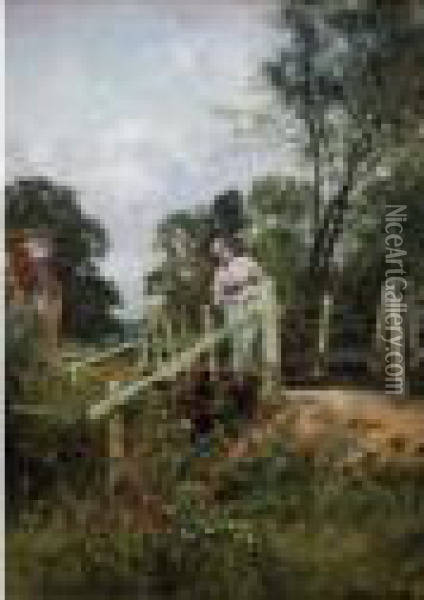 Country Girl On A Bridge Oil Painting - Henry John Yeend King