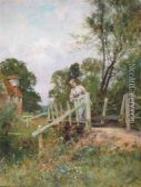 A Girl On A Bridge, A Cottage Beyond Oil Painting - Henry John Yeend King