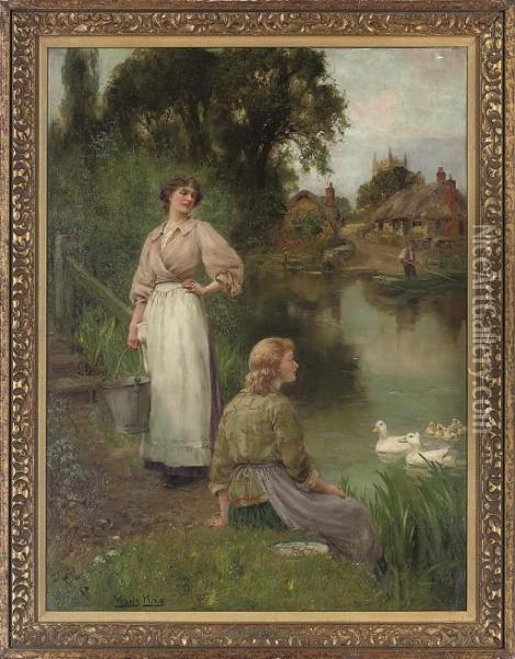 Feeding The Ducks, A Summer Day By The River Oil Painting - Henry John Yeend King
