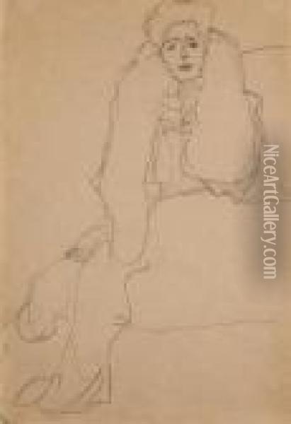Sitzend Nach Links, Den Oberkorper Nach Vorne, Die Linkeaufgestutzt Oil Painting - Gustav Klimt