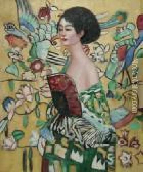 Signora Con Ventaglio Oil Painting - Gustav Klimt