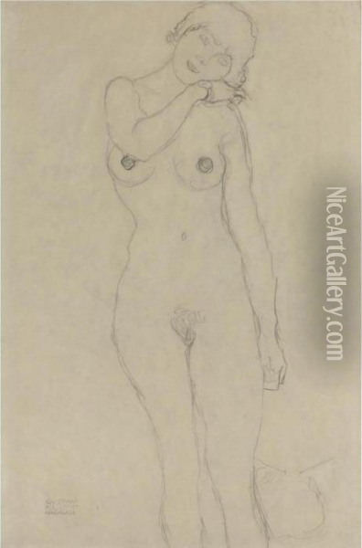Stehend Von Vorne, Den Kopf Nach Rechts Geneigt (standing Woman With Head Leaning Right) Oil Painting - Gustav Klimt