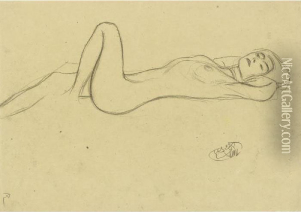 Property From A Private European Collection
 

 
 
 

 
 Liegender Frauenakt Mit Aufgestelltem Linken Bein (lying Female Nude With Positioned Left Leg) Oil Painting - Gustav Klimt