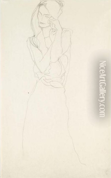 Stehend Mit Erhobenen 
Unterarmen, Etwas Nach Links (standing Figure With Raised Arms, Slightly
 To The Left) Oil Painting - Gustav Klimt