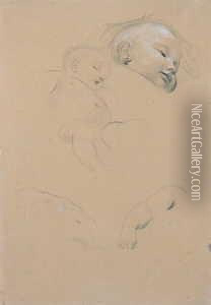 Kopf- Und Korperstudie Eines Schlafenden Kindes, Nach Rechts, Armstudie Oil Painting - Gustav Klimt