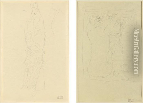 In Ganzer Figur, Wiederholung 
Von Kopf Und Brust And Sitzender Akt Vor Dem Spiegel : A Double-sided 
Drawing (whole Figure, Head And Chest And Seated Nude In Front Of A 
Mirror) Oil Painting - Gustav Klimt