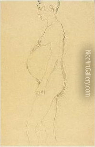 Akt Einer Schwangeren Im Profil Nach Links (pregnant Nude In Profile Turned To The Left) Oil Painting - Gustav Klimt