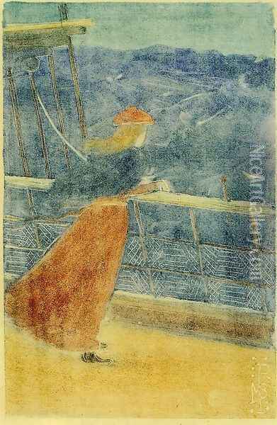 Woman on Ship Deck, Looking out to Sea (also known as Girl at Ship's Rail) Oil Painting - Maurice Brazil Prendergast