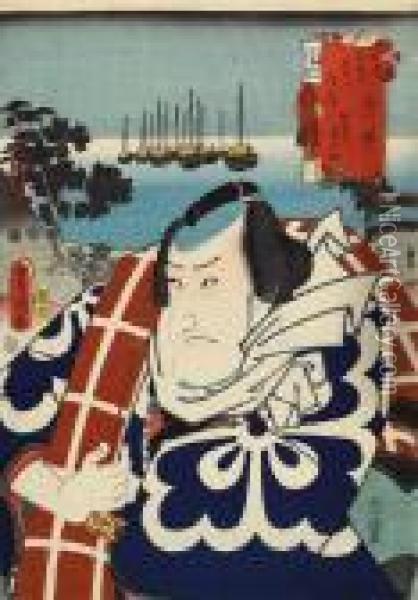 Shinagawa
. Halbportrat Des Schauspielers Matsumoto Koshiro V In Der Rolle Des 
Banzui Chobei. Im Hintergrund Die Segelschiffe In Der Bucht Bei 
Shinagawa Am Abend. B) Linkes Blatt. Titel: Oil Painting - Kunisada