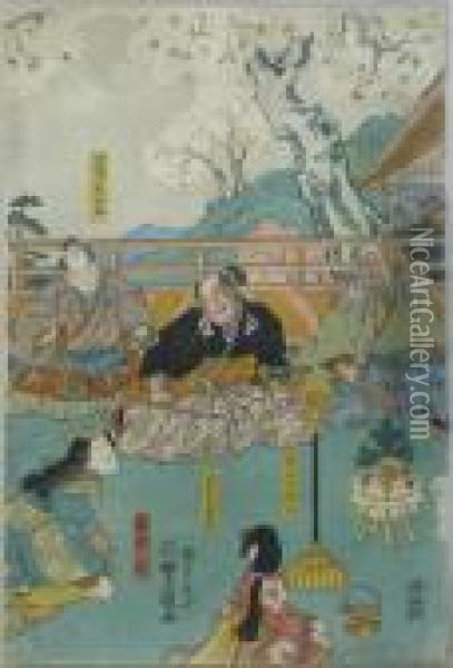 F?rst Kataoka Masataro Harumichi Umgeben Von Seinen Beiden Beratern. Japan, 1844
. Farbholzschnitt. Signiert Oil Painting - Kunisada