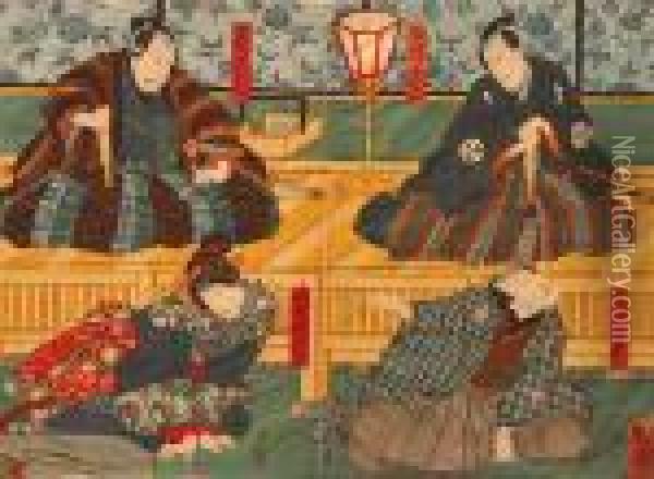 Trzech Mezczyzn I Kobieta Oil Painting - Kunisada