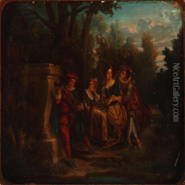 A Pair Of Gallant Scenes With Young People Enjoying Music In A Park Oil Painting - Nicolas Lancret