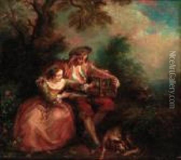An Elegant Couple With A Caged Bird In A Landscape Oil Painting - Nicolas Lancret