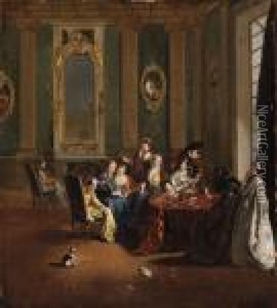 Winter: An Elegant Company Playing Cards In An Interior Oil Painting - Nicolas Lancret