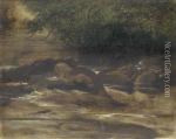 A River Scene, With An Otter Eating A Fish, A Sketch Oil Painting - Landseer, Sir Edwin