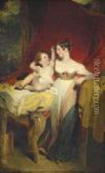 Portrait Of Anne, Viscountess 
Pollington, Later Countess Of Mexborough , With Her Son, John Charles , 
Later 4th Earl Of Mexborough, Full-length, She In A White Dress With A 
Rose At The Bodice, With A Pink And Blue Shawl, A Draped Red Curtain 
Beyon Oil Painting - Sir Thomas Lawrence