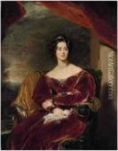 Portrait Of Mary, Countess Of 
Wilton (1801-1858),three-quarter-length, Seated, In A Red Velvet Dress 
With A Brooch,a Landscape Beyond Oil Painting - Sir Thomas Lawrence