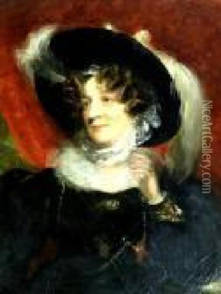 Portrait Of A Lady Wearing Plumed Bonnet And Black Dress With Lacecollar Oil Painting - Sir Thomas Lawrence