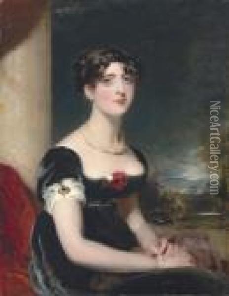 Portrait Of Eliza Fitzroy, 
Half-length, Seated, In A Black Dress With Red And White Roses, A 
Jewelled Brooch And A Chain Of Gold And Pearls, At A Window Casement, A 
Mountainous Landscape Beyond Oil Painting - Sir Thomas Lawrence