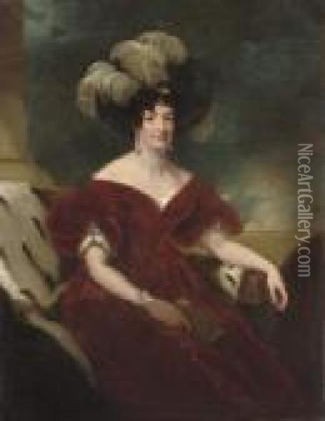 Portrait Of A Lady, 
Three-quarter-length, Seated In A Red Velvetdress, And A Black Plumed 
Hat Oil Painting - Sir Thomas Lawrence