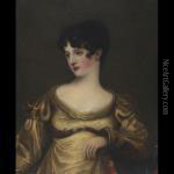Elegant Lady In A Gold Satin Dress Holding A Book Oil Painting - Sir Thomas Lawrence