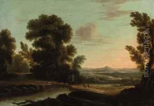 An Italianate River Landscape With Herdsmen With Their Cattlecrossing A Bridge Oil Painting - Claude Lorrain (Gellee)