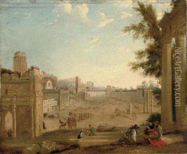 The Campo Vaccino, Rome, With Figures Gambling Amongst Ruins Oil Painting - Claude Lorrain (Gellee)