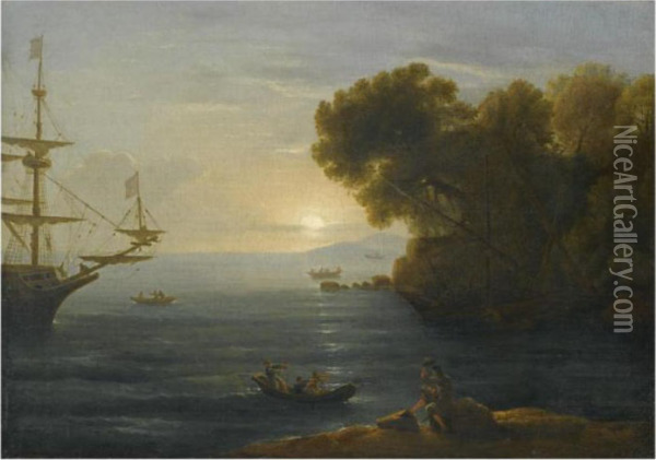 A Mediterranean Coastal Scene With An Artist Sketching In Theforeground Oil Painting - Claude Lorrain (Gellee)
