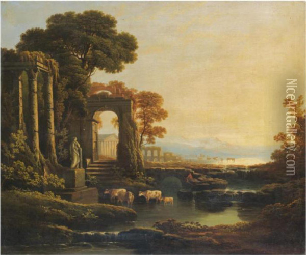 An Extensive River Landscape With Classical Ruins Oil Painting - Claude Lorrain (Gellee)
