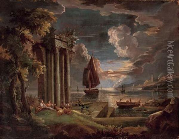 A Mediterranean Coastal 
Landscape At Twilight With Shepherdesses And Their Goats At Rest By 
Classical Ruins, Shipping Beyond Oil Painting - Claude Lorrain (Gellee)