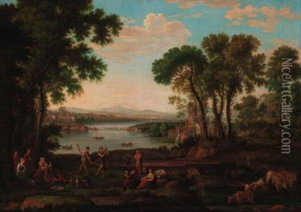 Figures Dancing In A Classical Landscape Oil Painting - Claude Lorrain (Gellee)