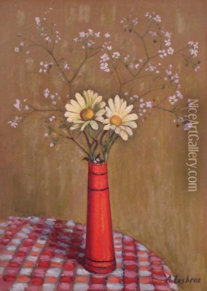 Deux Marguerites Jaunes Dans Vase Orange Oil Painting - Alfred Lesbros