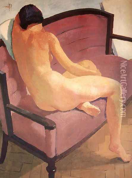Sitting Nude, Back View c. 1931 Oil Painting - Karoly Patko