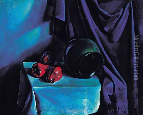 Still Life with a Jug Still Life with Blue Drapery 1920 Oil Painting - Karoly Patko