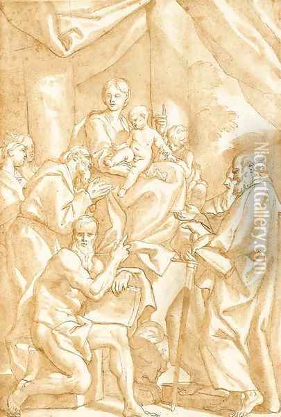 The Madonna and Child seated on a pedestal with the infant Baptist, Saint John, Saint Paul, Saint Jerome and Saint Francis Oil Painting - Domenico Piola