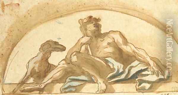 A seated shepherd with a dog study for a lunette Oil Painting - Domenico Piola