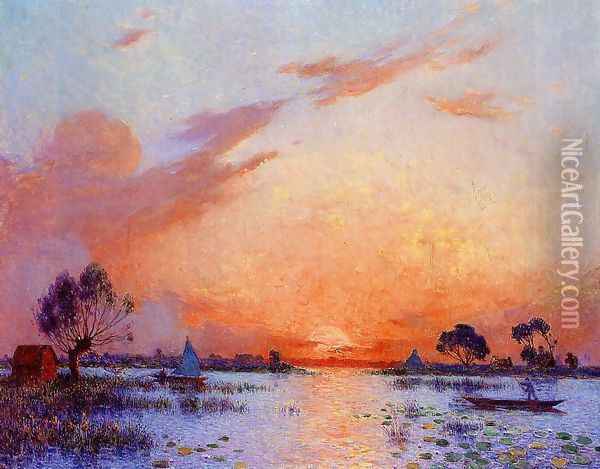 Sunset in Briere Oil Painting - Ferdinand Loyen Du Puigaudeau