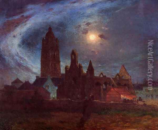 The Bourg-de-Batz Church under the Moon Oil Painting - Ferdinand Loyen Du Puigaudeau