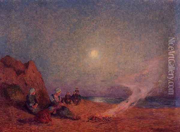 Le Pouldu, Woman on the Beach beside a Fire Oil Painting - Ferdinand Loyen Du Puigaudeau