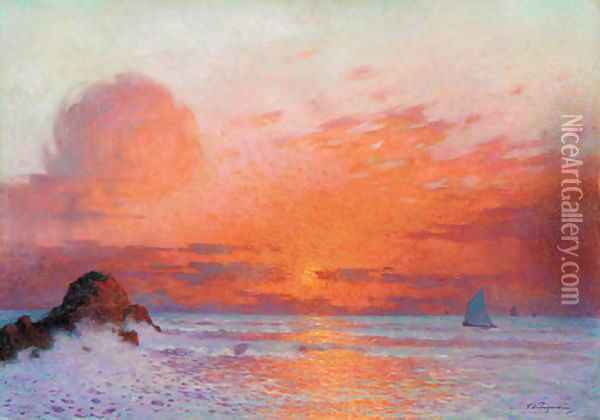 Coucher de soleil sur la mer ou Voiliers au soleil couchant Oil Painting - Ferdinand Loyen Du Puigaudeau