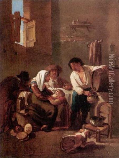 Domestic Interior With A Family Drinking Oil Painting - Andrea Locatelli