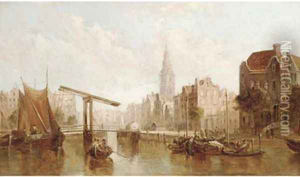 A view of the Zuiderkerk from the Groenburgwal canal, Amsterdam Oil Painting - Alfred Pollentine