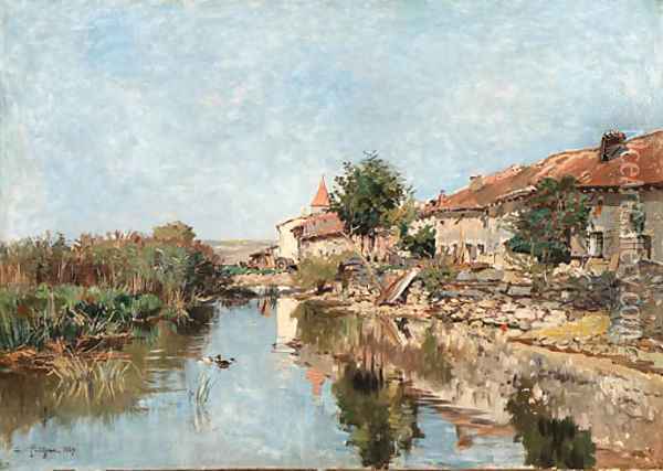 A village by a river Oil Painting - Edmond Marie Petitjean