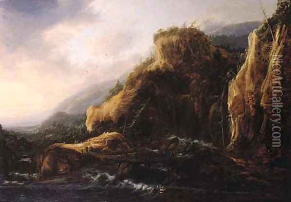 Travellers on a footbridge over a torrent in a mountainous landscape Oil Painting - Gilles Peeters