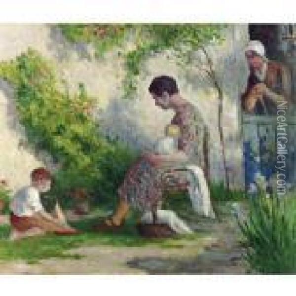 Rolleboise: Madame Bouin Et Ses Enfants Oil Painting - Maximilien Luce