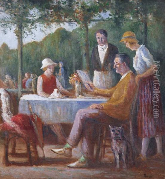 Cafe-terrasse Sur La Seine A Rolleboise Oil Painting - Maximilien Luce